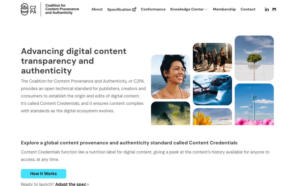 Screenshot of the c2pa.org homepage describing Content Credentials as an open standard for establishing the origin and edits of digital content, working like a nutrition label for digital content