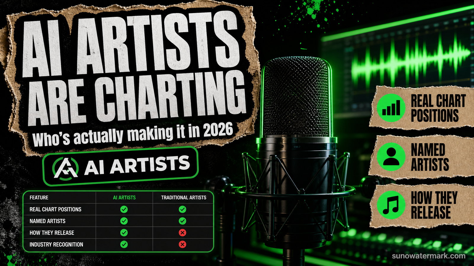 AI music artists charting in 2026 shown as synthetic artist profiles connected to streaming chart data