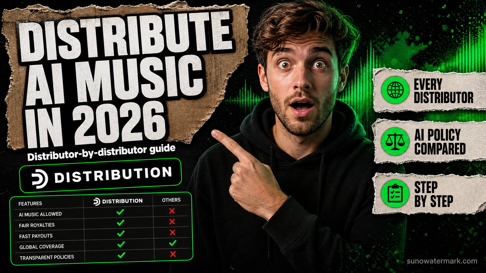 Comparison chart showing AI music distribution pass rates across DistroKid, TuneCore, CD Baby, Amuse, Ditto Music, RouteNote, and Spotify direct