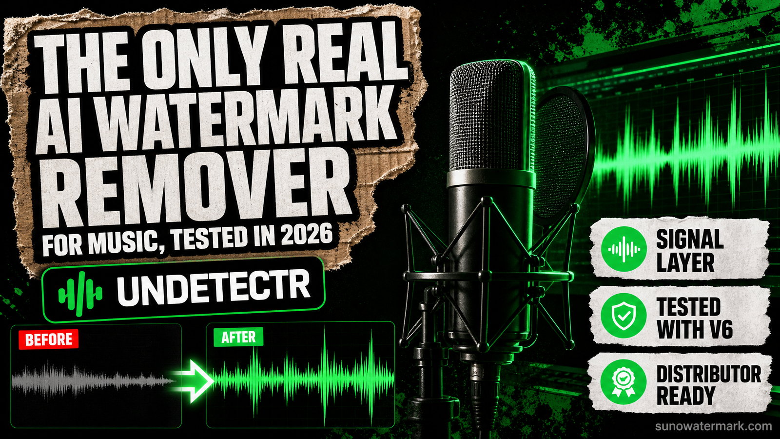 An AI music waveform passing through a watermark removal layer and emerging as a clean release-ready track