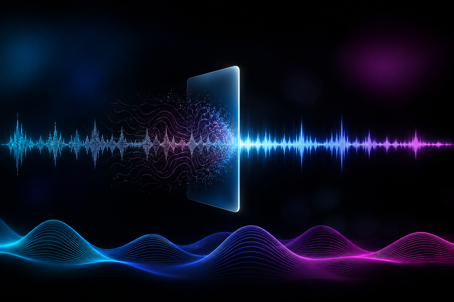 An AI music waveform passing through a watermark removal layer and emerging as a clean release-ready track
