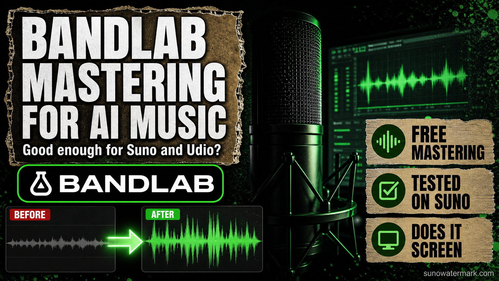 BandLab Mastering web interface processing an AI-generated track with preset selection panel