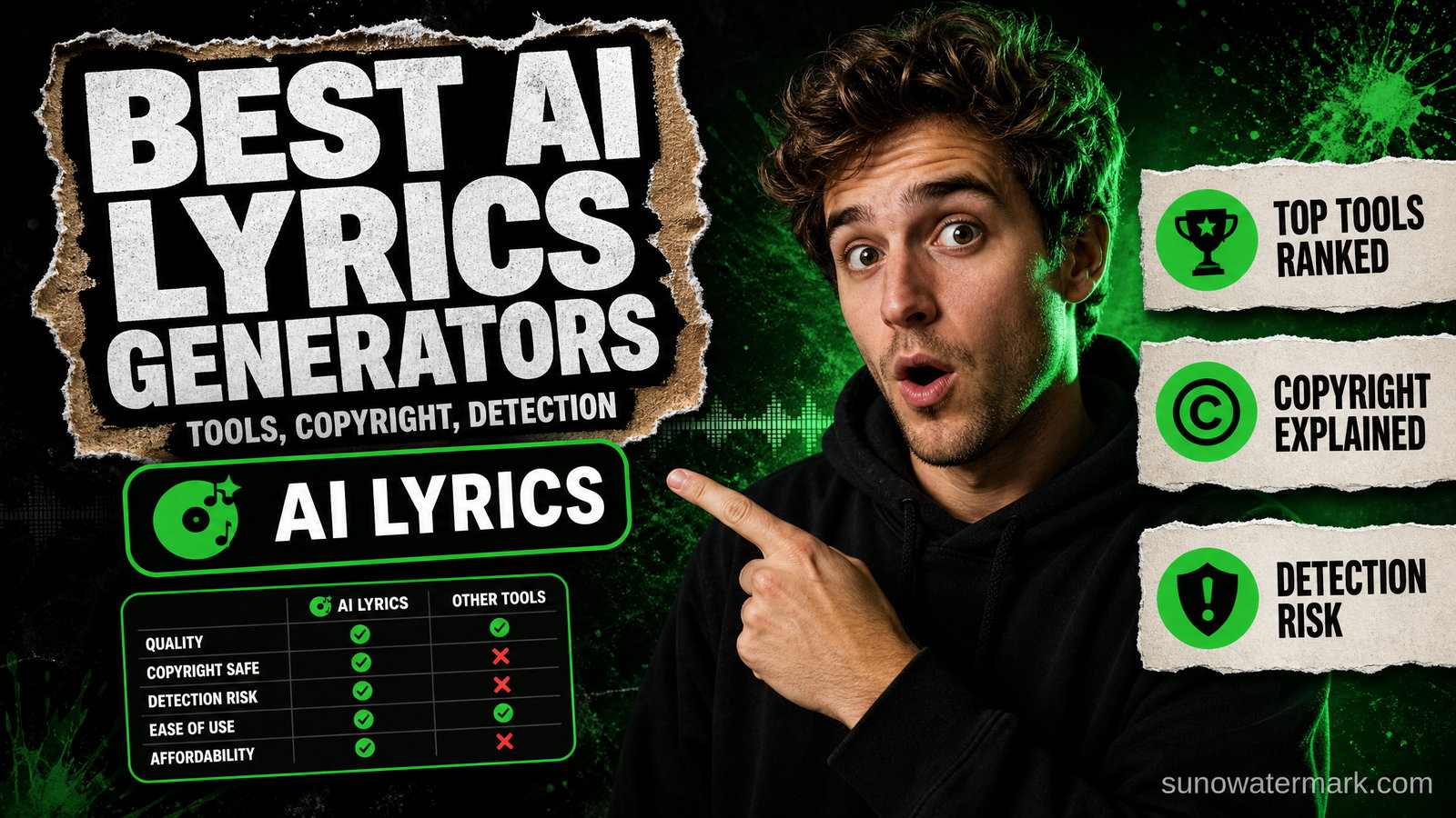 AI lyrics generator tools compared, showing text-based songwriting assistance separate from generated audio
