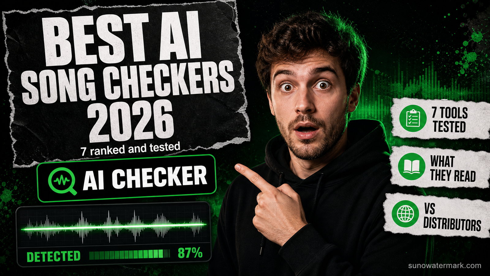 Title card for a 2026 AI song checker guide, showing an audio waveform with a detection meter reading 87 percent alongside labels for the tools tested, what they read, and how they compare with distributor screening