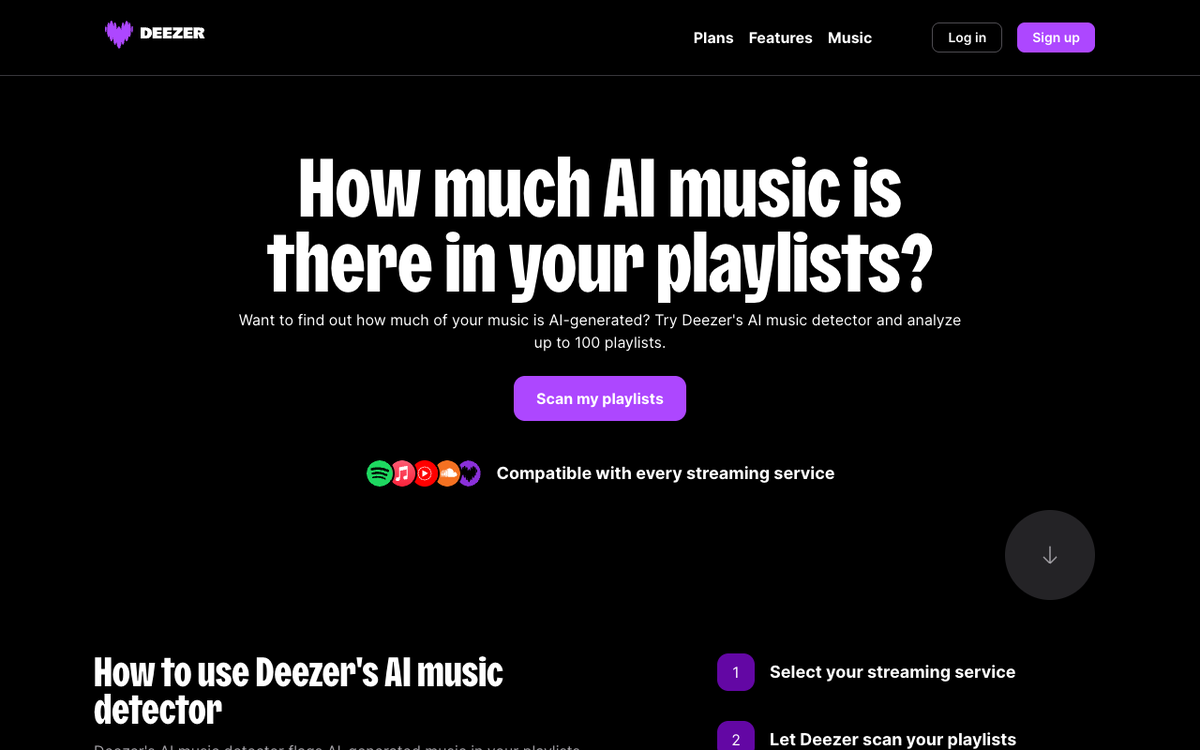 Deezer's free AI music detector landing page headed How much AI music is there in your playlists, offering to analyse up to 100 playlists after connecting a streaming account