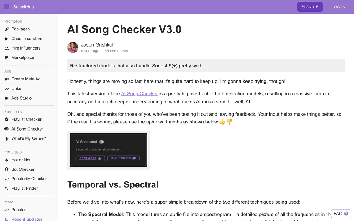 SubmitHub's AI Song Checker V3.0 post by Jason Grishkoff, describing a restructured pair of detection models that also handle Suno 4.5 and later, with a sample result panel reading AI Generated and strong AI characteristics detected, above a section headed Temporal vs Spectral