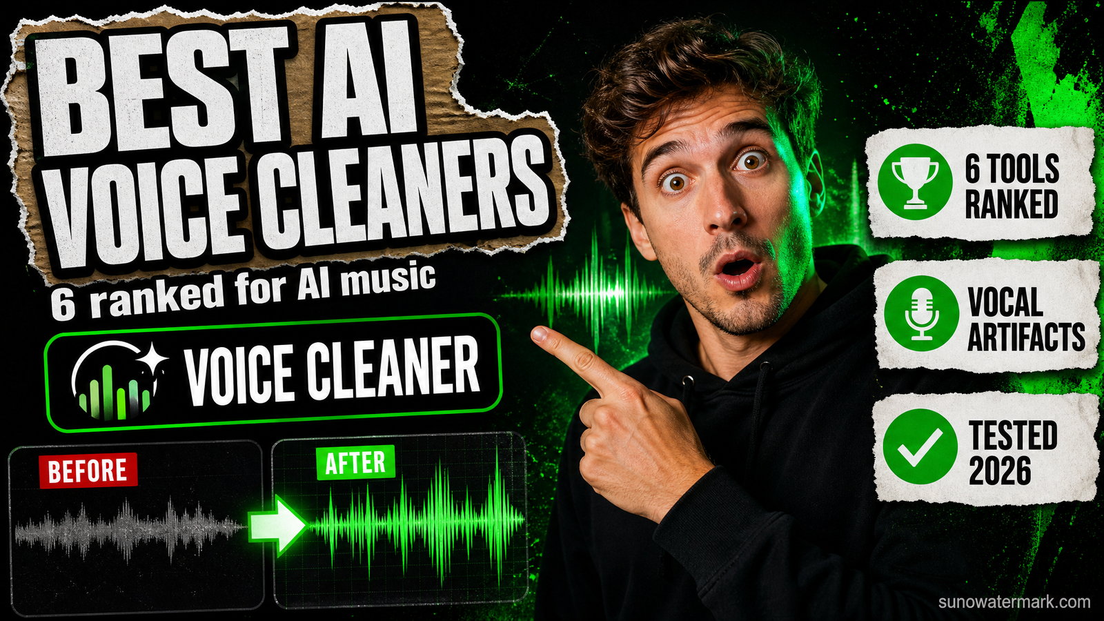 Six AI voice cleaner tools ranked by distributor pass rate across a 50-track 2026 benchmark for AI music vocals