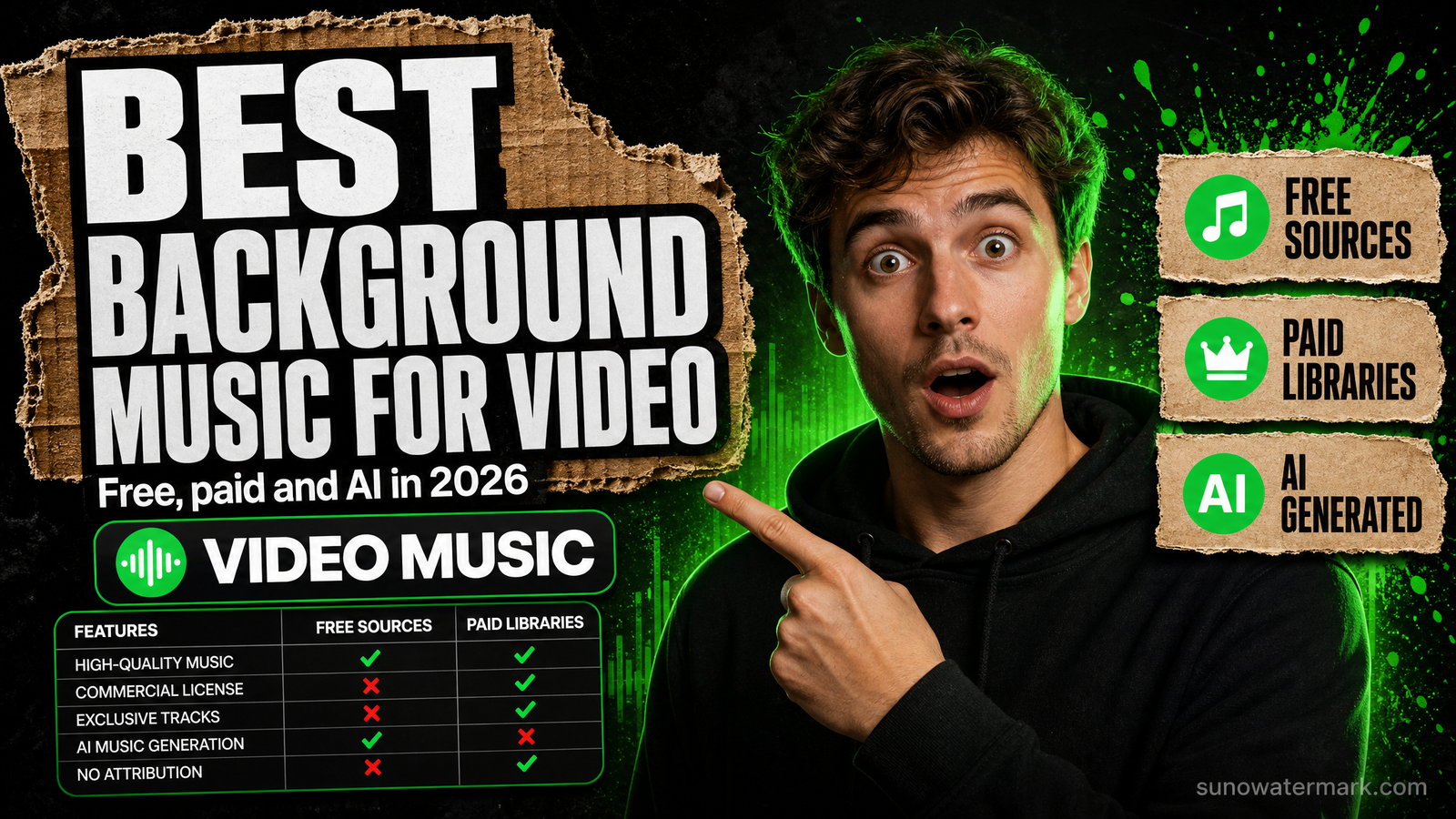 Editor timeline showing a video clip with a background music waveform underneath, color-coded by license type