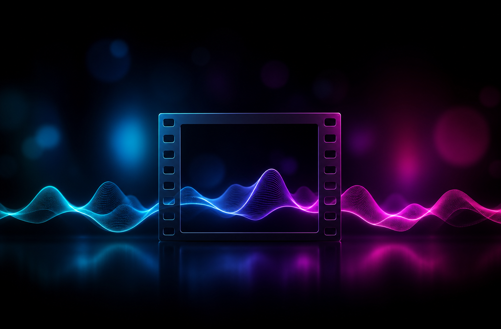Editor timeline showing a video clip with a background music waveform underneath, color-coded by license type