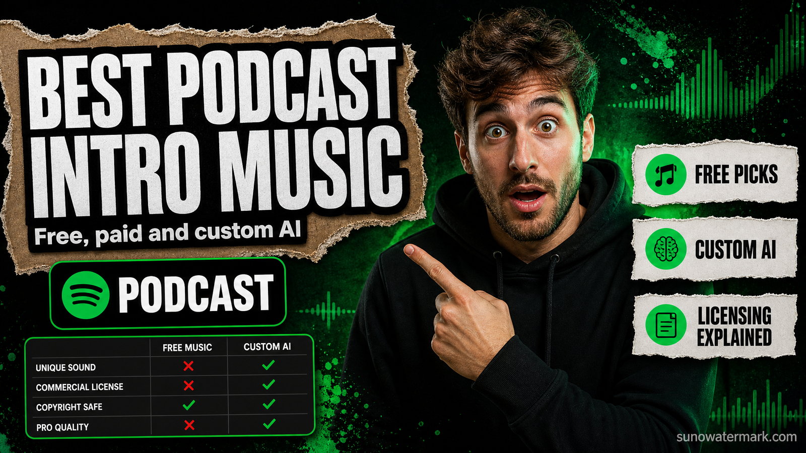 Podcast microphone with waveform overlay showing intro music options for 2026