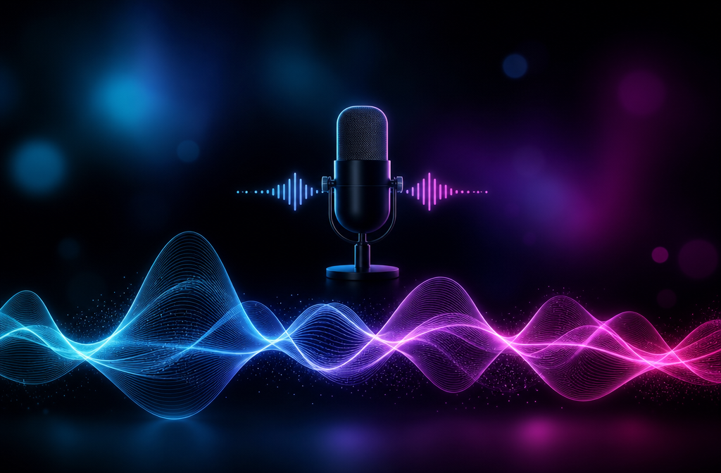 Podcast microphone with waveform overlay showing intro music options for 2026