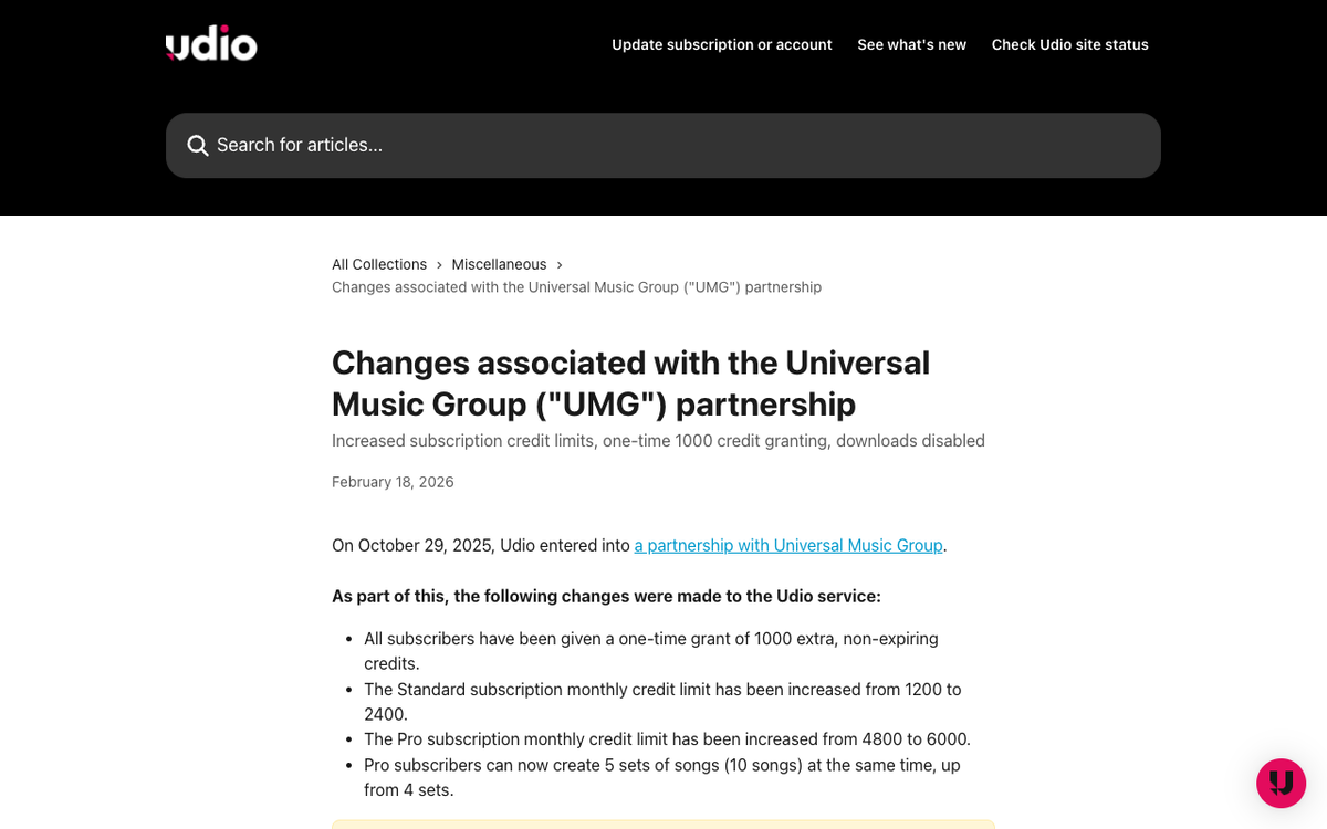 Udio Help Center article titled Changes associated with the Universal Music Group partnership, whose summary line reads increased subscription credit limits, one-time 1000 credit granting, downloads disabled