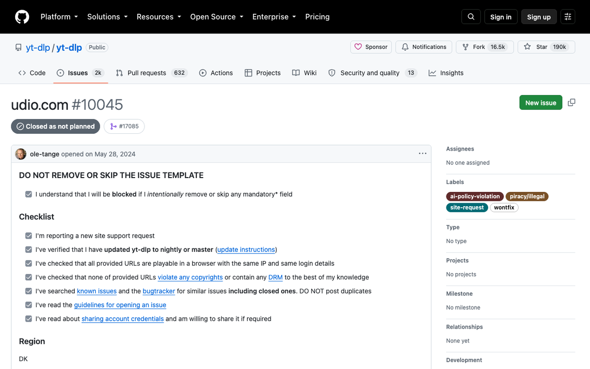 GitHub issue 10045 on the yt-dlp repository requesting support for udio.com, closed as not planned and labelled site-request, wontfix and ai-policy-violation