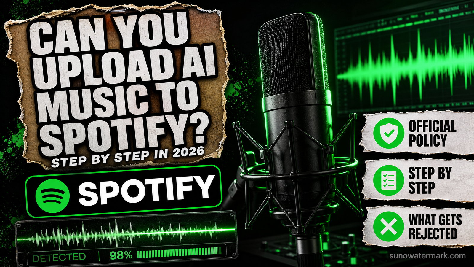 Step-by-step workflow diagram showing how to upload AI music from Suno to Spotify through a distributor in 2026
