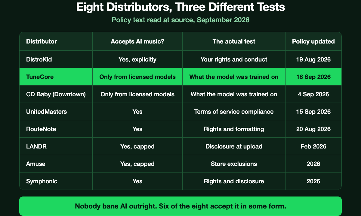 Table of eight distributors and their 2026 AI policies: DistroKid accepts AI explicitly on a rights and conduct test updated 19 Aug 2026, TuneCore and CD Baby accept only licensed models on a training-data test updated 18 Sep and 4 Sep 2026, UnitedMasters, RouteNote and Symphonic accept on terms and rights tests, and LANDR and Amuse accept with caps