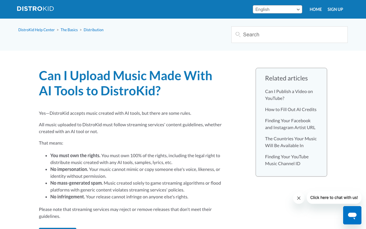 DistroKid Help Center page headed Can I Upload Music Made With AI Tools to DistroKid, opening with the line that yes, DistroKid accepts music created with AI tools but there are some rules, followed by four bullets covering owning the rights, no impersonation, no mass-generated spam and no infringement