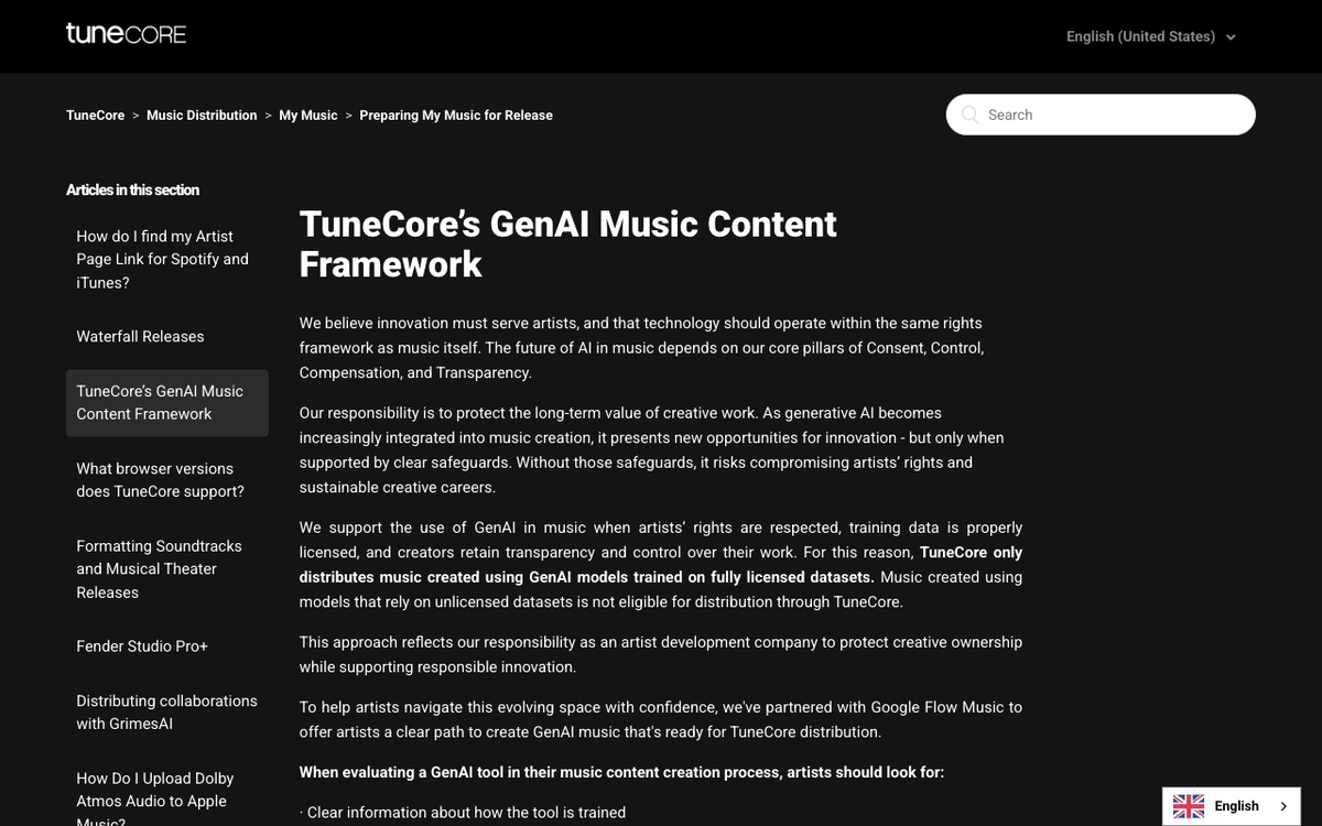 TuneCore support page headed TuneCore's GenAI Music Content Framework, with the sentence that TuneCore only distributes music created using GenAI models trained on fully licensed datasets set in bold, and a paragraph naming Google Flow Music as its partner