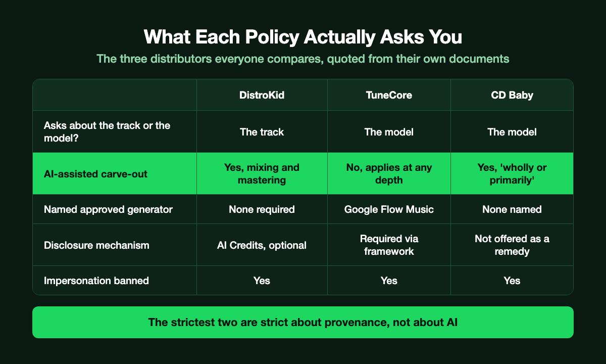 Table comparing what each policy asks: DistroKid asks about the track and carves out mixing and mastering, TuneCore asks about the model with no carve-out and names Google Flow Music as its one approved generator, and CD Baby asks about the model with a wholly or primarily qualifier and offers no disclosure remedy, while all three ban impersonation