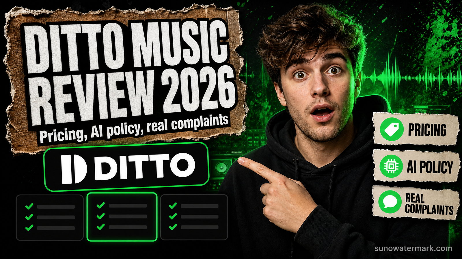 Ditto Music distributor review showing pricing tiers, royalty terms and AI screening outcomes