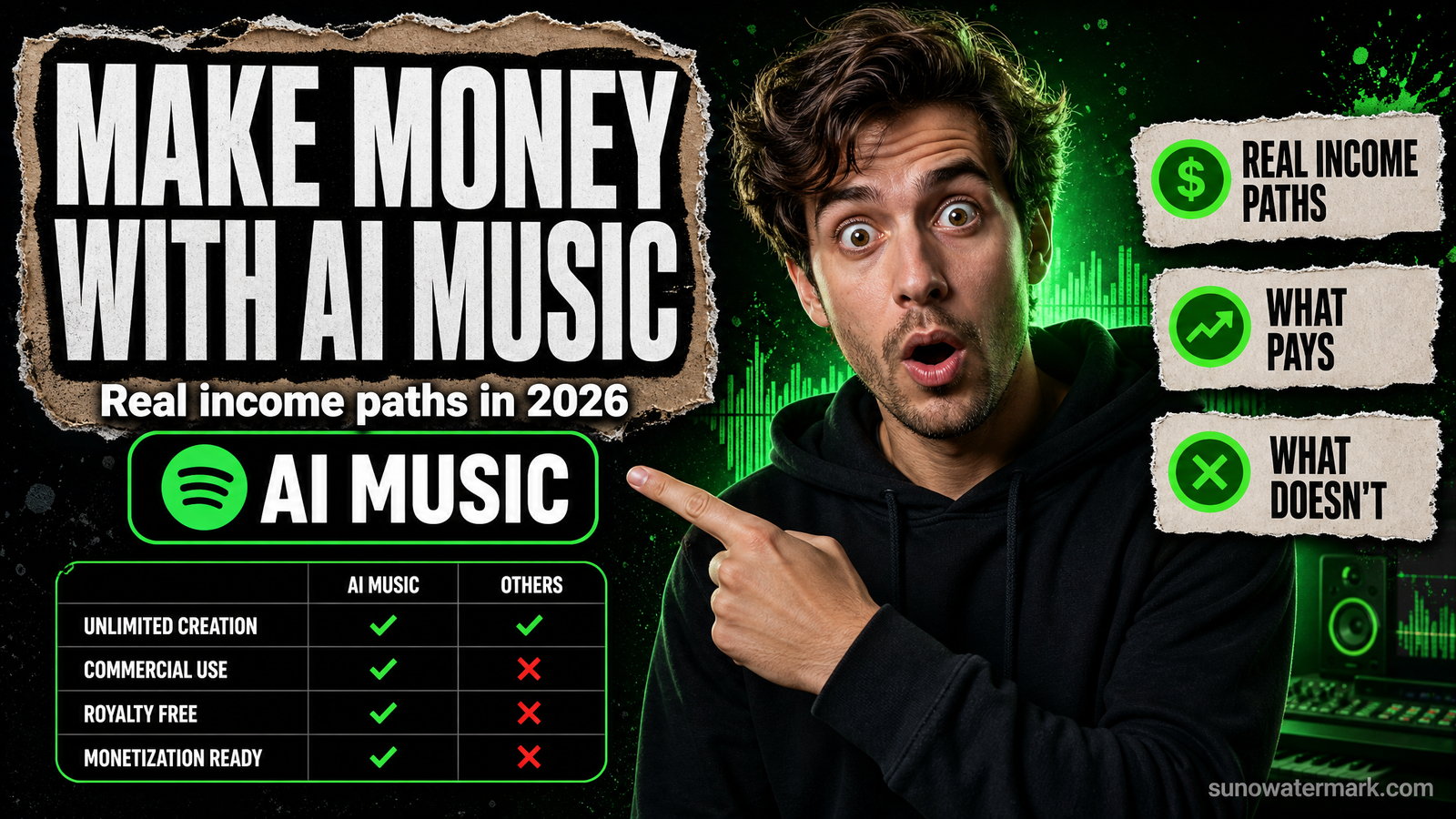 Stylised audio waveform fused with a stack of coins and an upward arrow, representing how to make money with AI music in 2026
