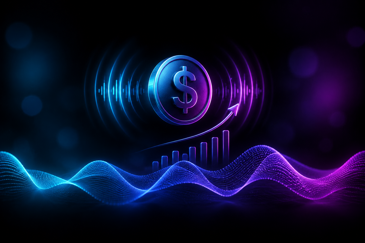 Stylised audio waveform fused with a stack of coins and an upward arrow, representing how to make money with AI music in 2026