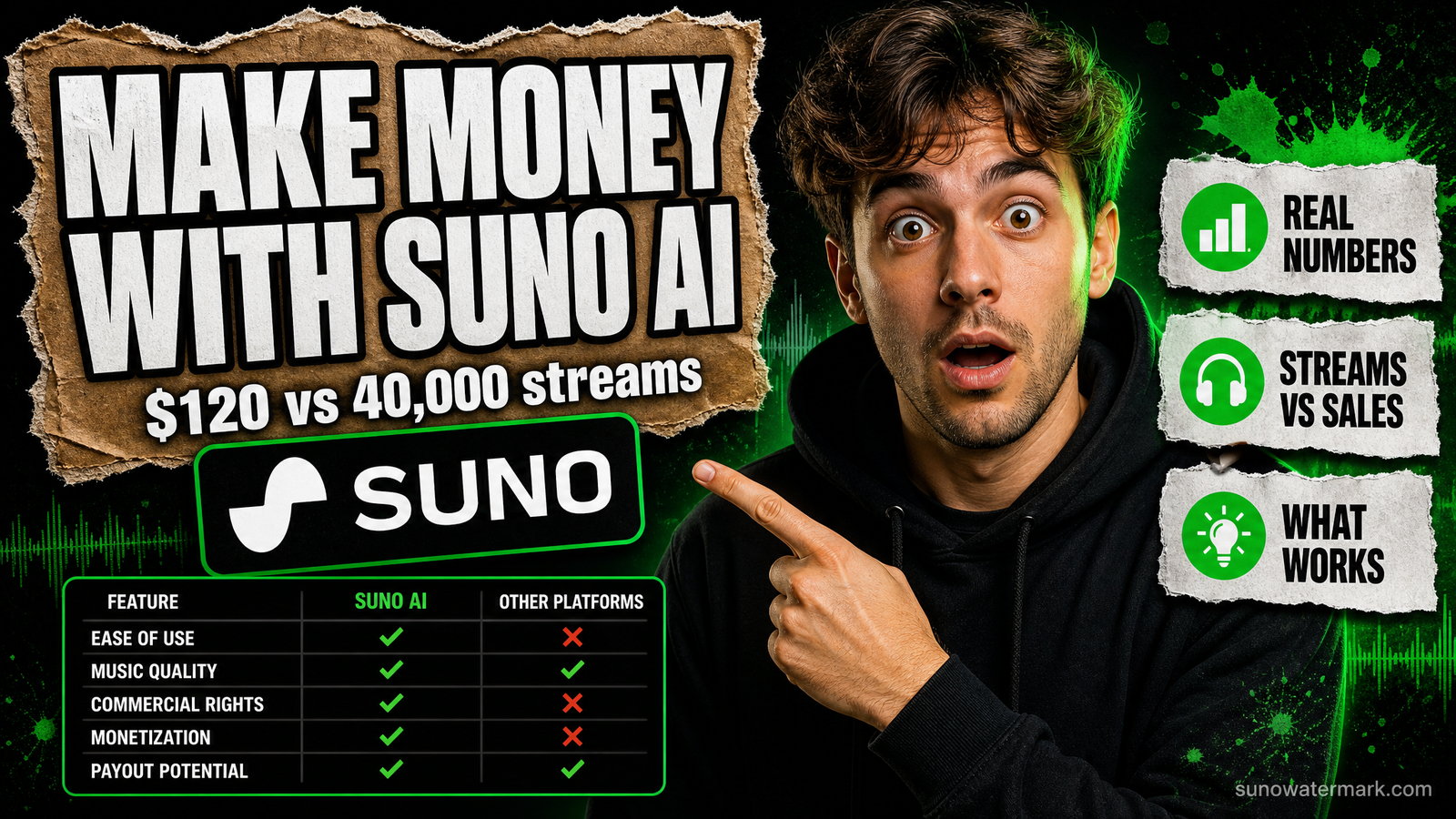 How to make money with Suno AI in 2026, showing one $120 sync placement equals 40,000 Spotify streams at $0.003 per stream