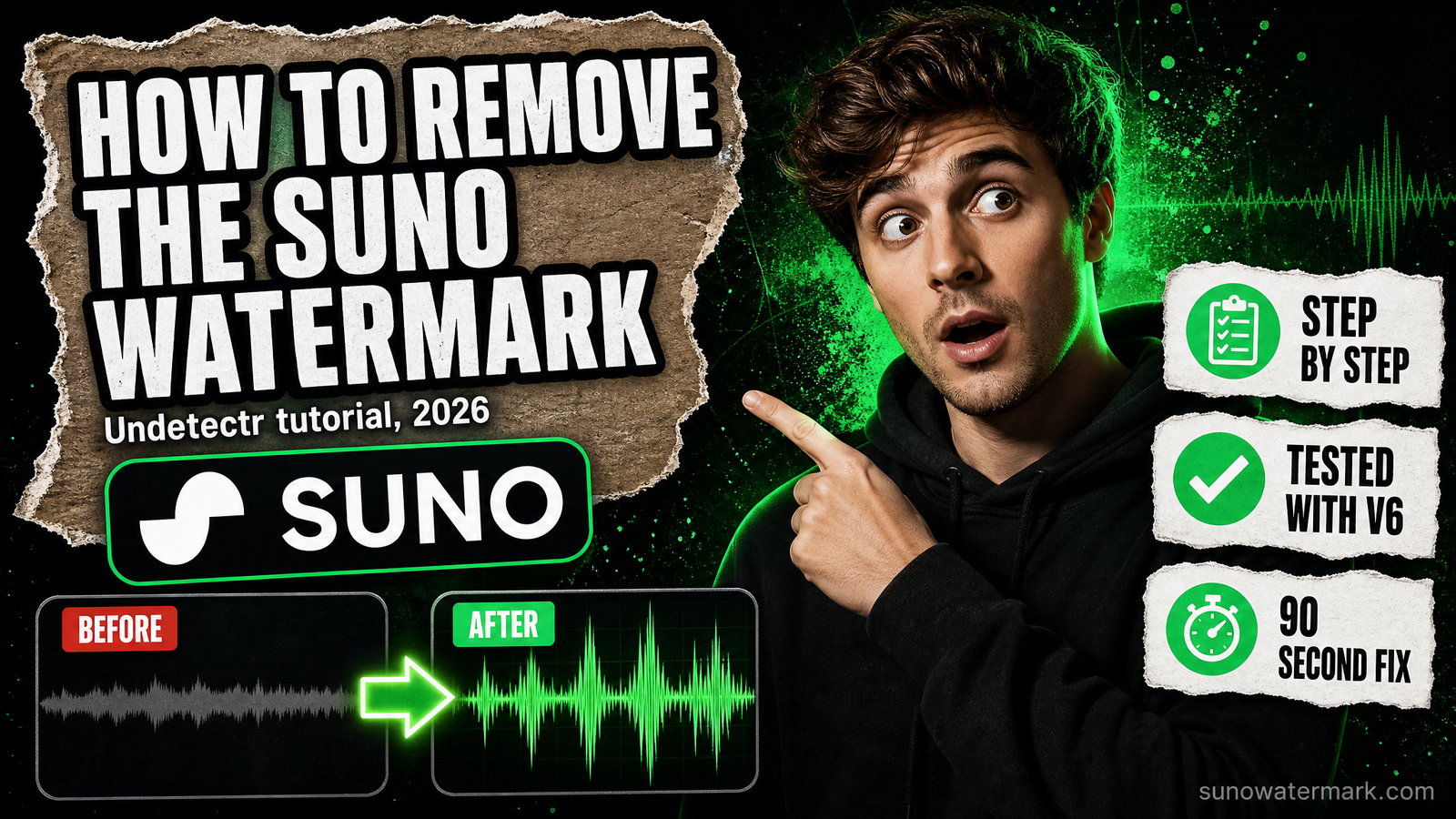 Step-by-step tutorial showing how to remove the Suno watermark using Undetectr in 2026