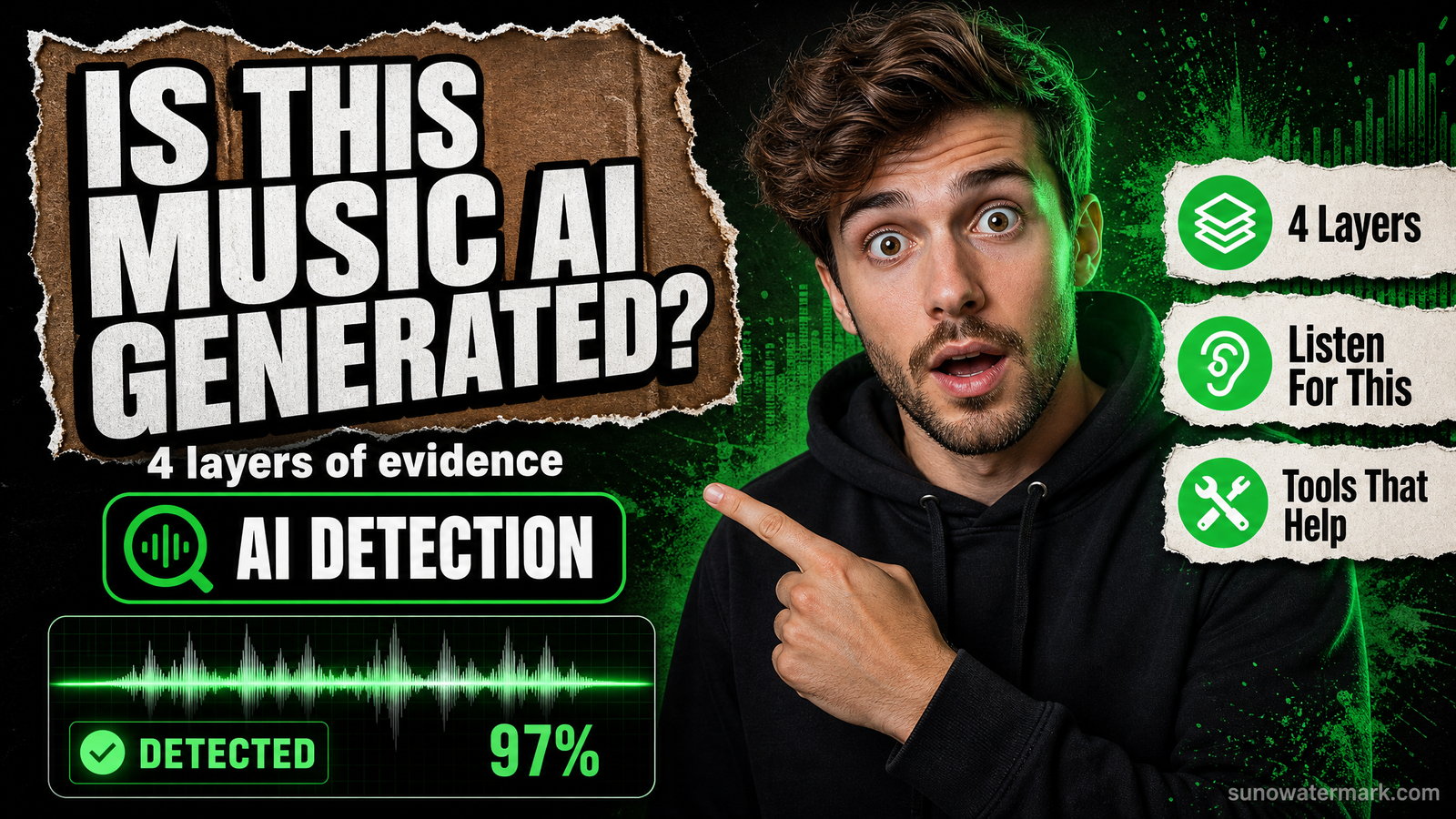 Four stacked layers of evidence used to identify AI-generated music: audible artifacts, platform metadata, artist context and classifier tools