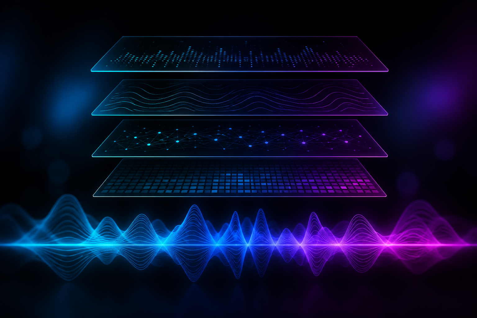 Four stacked layers of evidence used to identify AI-generated music: audible artifacts, platform metadata, artist context and classifier tools