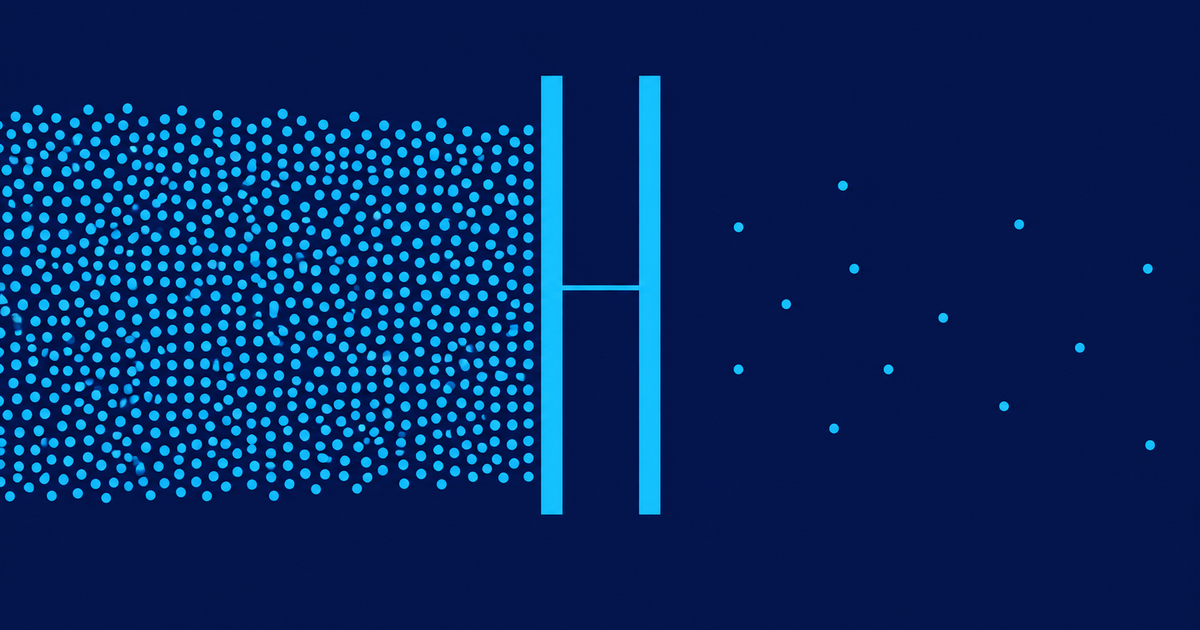 Flat vector illustration on deep indigo: a dense crowd of small cyan dots pressed up against a closed two-bar gate, with only a handful of widely spaced dots on the far side of it