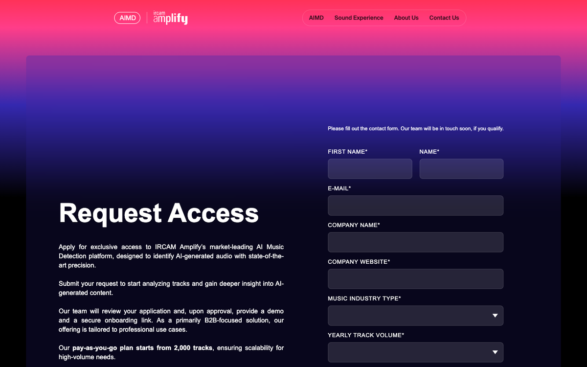 Screenshot of the Ircam Amplify Request Access page for the AI Music Detector, showing the line that the pay-as-you-go plan starts from 2,000 tracks, the note that the team will be in touch soon if you qualify, and required form fields for company name, company website, music industry type and yearly track volume