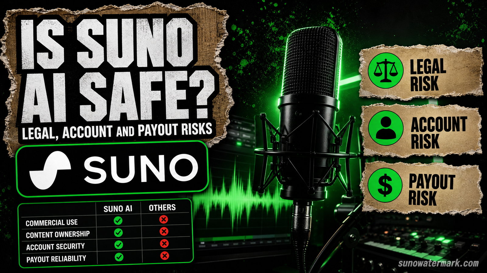 Suno AI safety review showing legal, account, and distribution risk categories for 2026