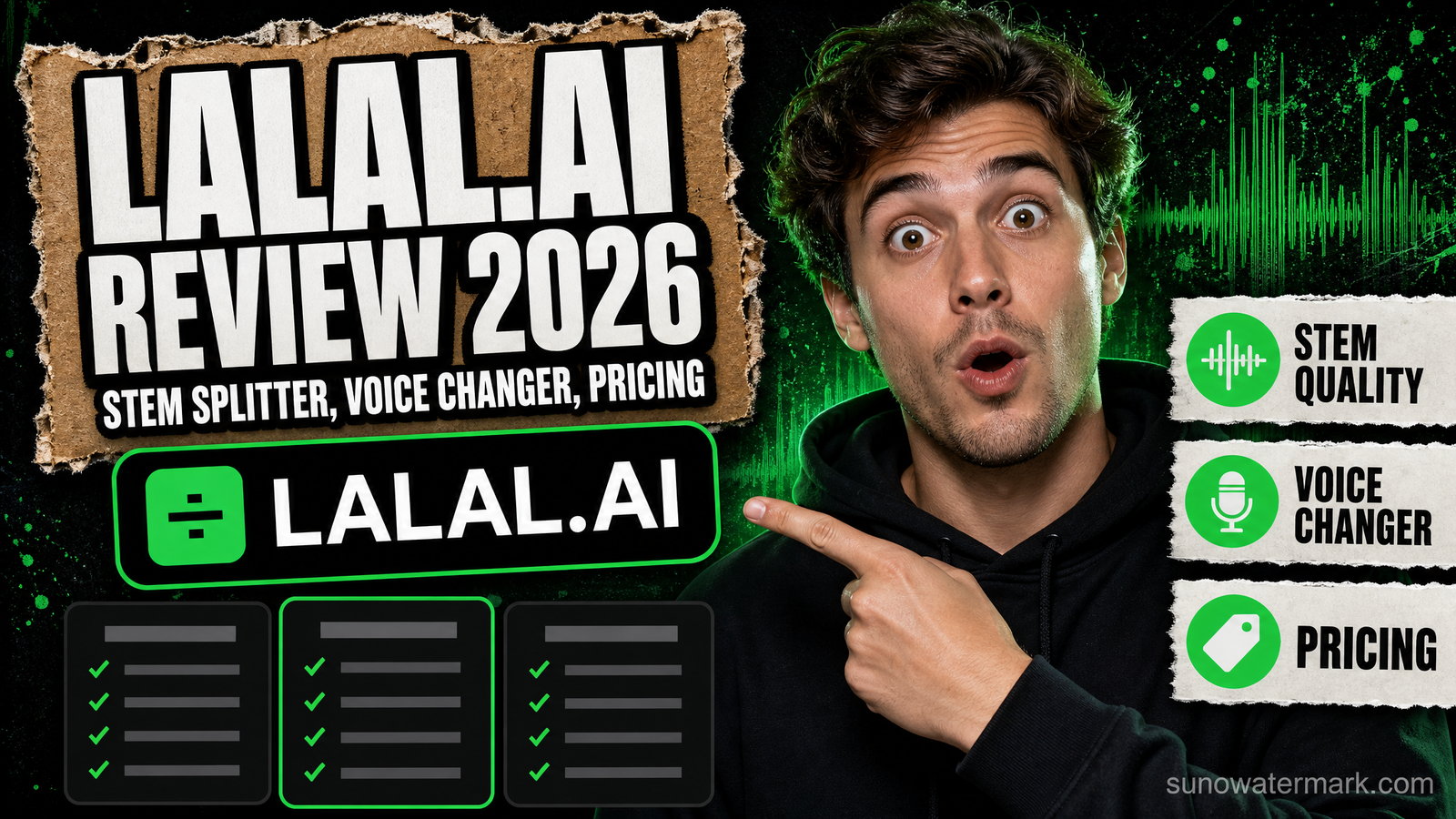 LALAL.AI review 2026 hero image showing stem separation interface with vocal, drums, bass and instrumental waveforms from a test track