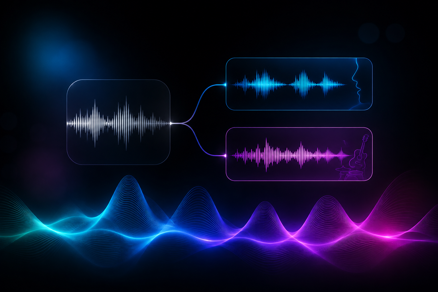 LALAL.AI review 2026 hero image showing stem separation interface with vocal, drums, bass and instrumental waveforms from a test track