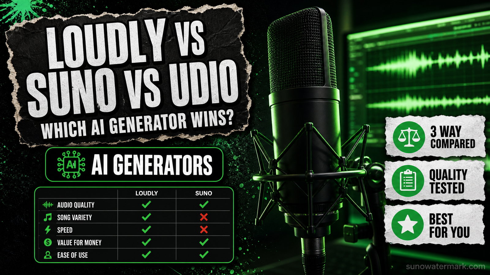 Side-by-side logos of Loudly, Suno, and Udio with a distributor approval stamp overlay