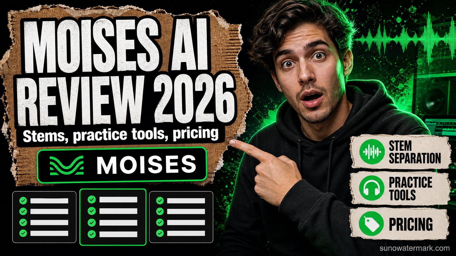 Moises AI review 2026 hero image showing the mobile app stem separation interface with vocals, drums, bass and other stems plus tempo and pitch controls