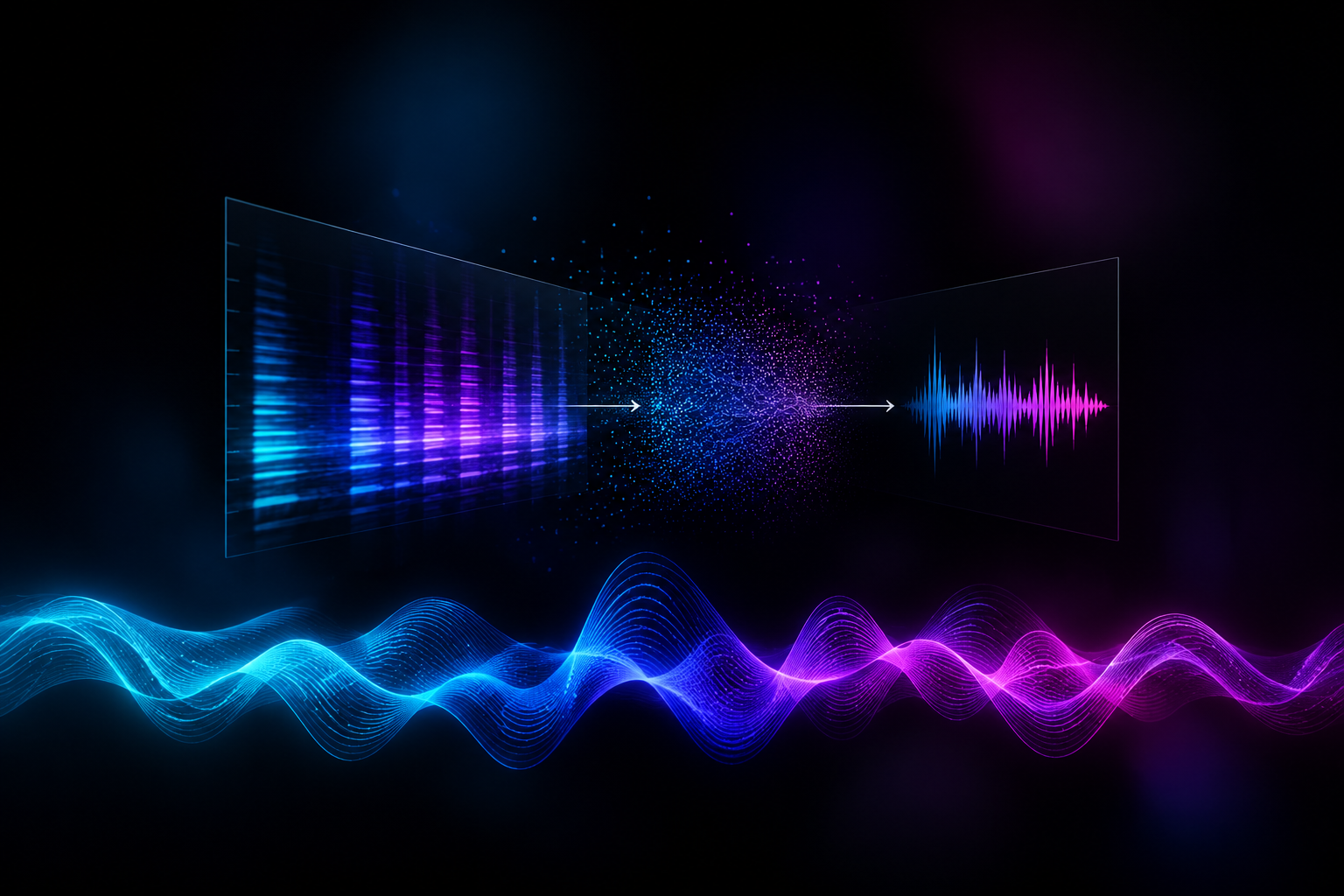 Riffusion AI music generator interface with spectrogram and waveform visualization on a dark studio background