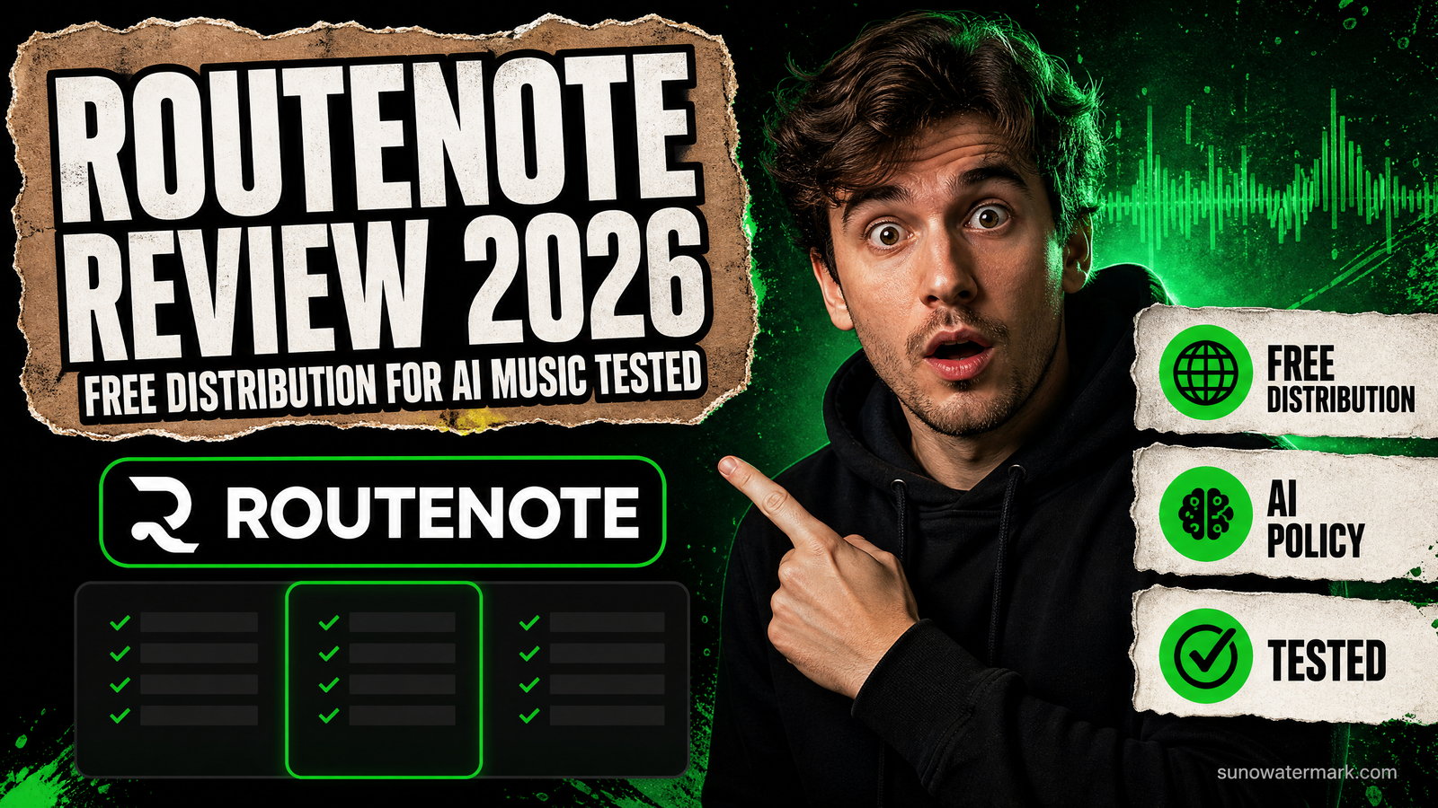 RouteNote review 2026 hero showing the RouteNote dashboard, upload flow, and AI music acceptance results from our 50-track test