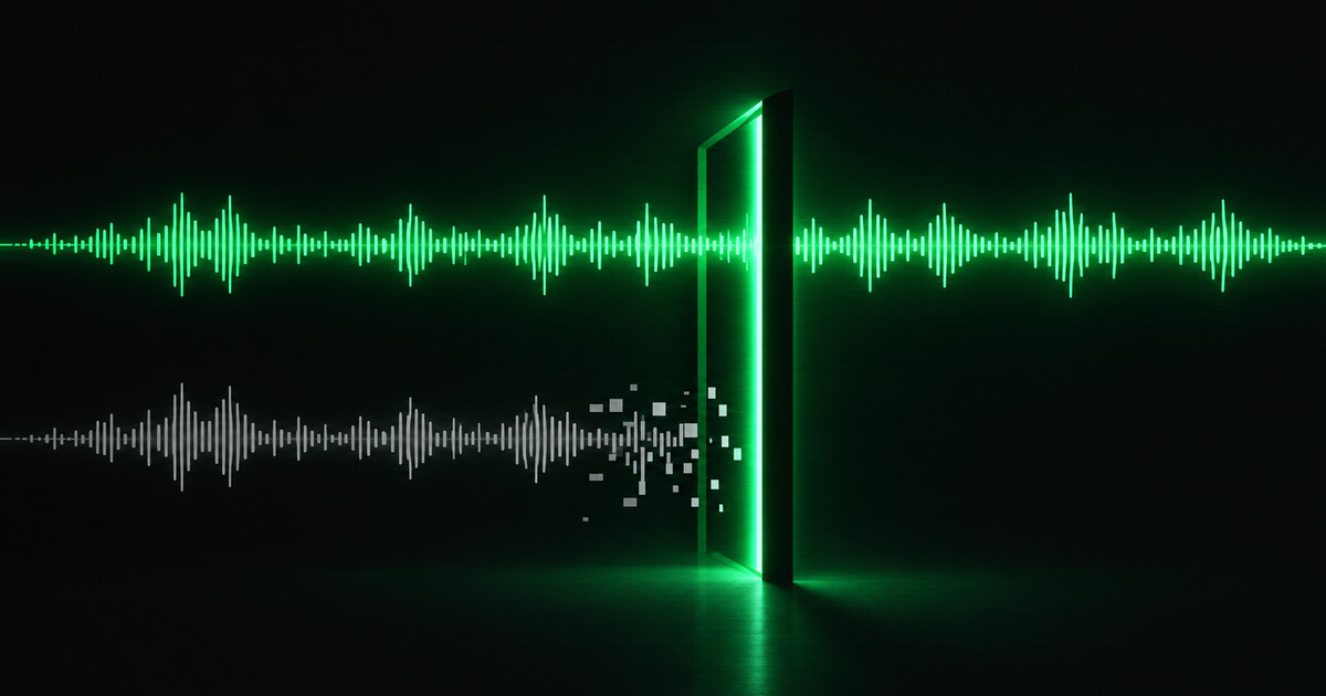 A green audio waveform reaching a lit barrier: the upper copy passes through intact while the lower copy fragments into scattered blocks and stops dead at the gate
