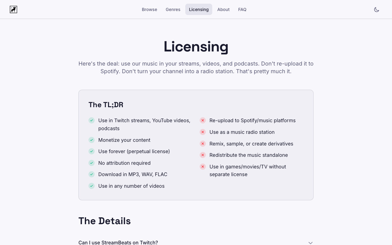 Screenshot of the StreamBeats licensing page TL;DR panel listing use in Twitch streams, YouTube videos and podcasts, Monetize your content, Use forever with a perpetual licence, No attribution required and download in MP3, WAV, FLAC as permitted, against re-upload to Spotify, use as a music radio station, remix or sample or create derivatives, redistribute standalone and use in games, movies or TV without a separate licence as prohibited