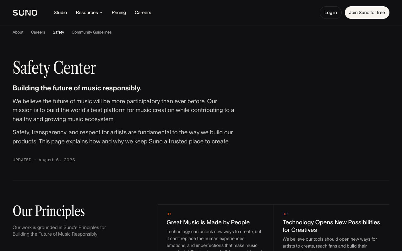 Screenshot of Suno's Safety Center page headed Building the future of music responsibly, updated August 6 2026, describing how Suno keeps the platform a trusted place to create