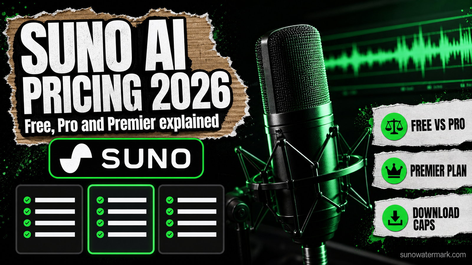 Suno AI pricing comparison for 2026 showing Free, Pro and Premier plans with credits, monthly download caps and commercial rights