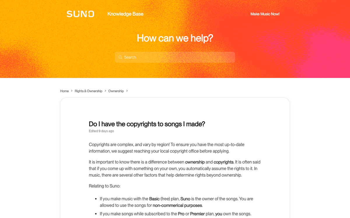 Screenshot of Suno's knowledge base article titled Do I have the copyrights to songs I made, stating that on the Basic free plan Suno owns the songs and allows non-commercial use, while Pro and Premier subscribers own the songs they make