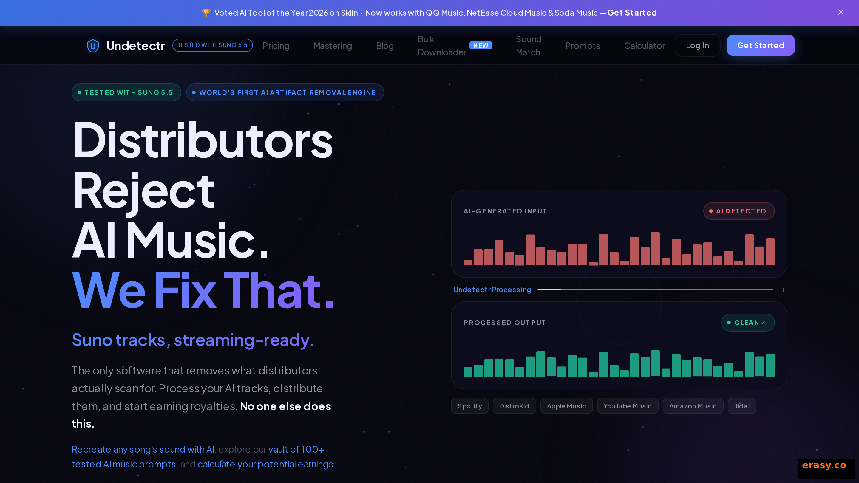 Undetectr processing an AI-generated input flagged as detected into a clean output prepared for Spotify, DistroKid, Apple Music and YouTube Music