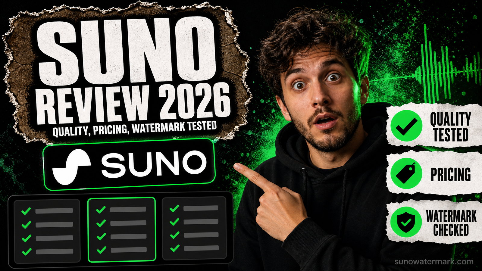 Suno AI review 2026 hero image showing the Suno v5 generator interface, tier pricing chart, and a distributor pass-rate scoreboard