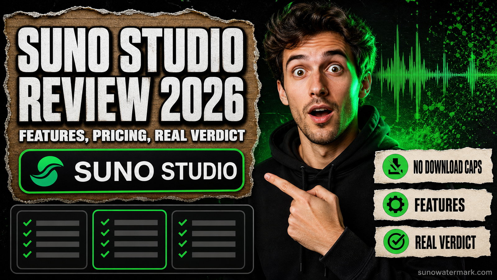 Suno Studio review 2026 hero image showing the multi-track timeline editor with stem lanes, prompt controls, and a distributor pass-rate overlay