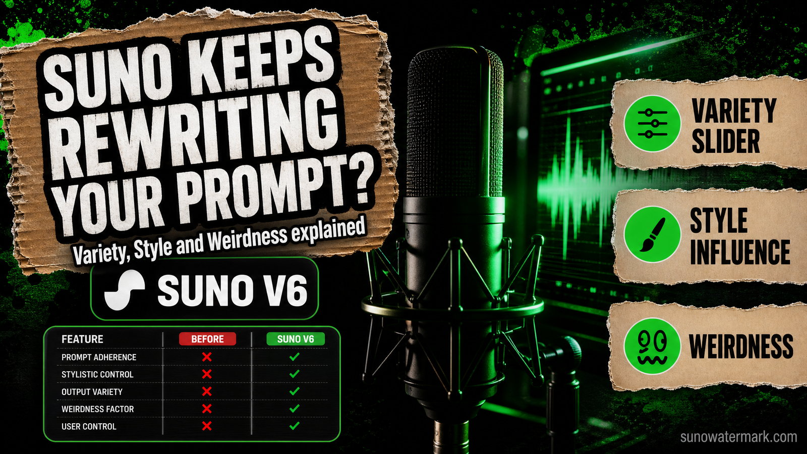 Three illuminated slider tracks above a waveform with text glyphs flowing in and emerging altered