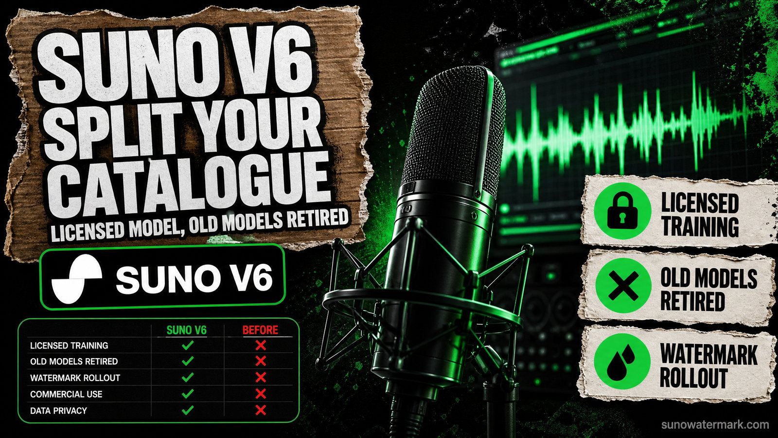A Suno catalogue splitting into two provenance classes, pre-V6 tracks from the retired models and V6 tracks from the licensed model