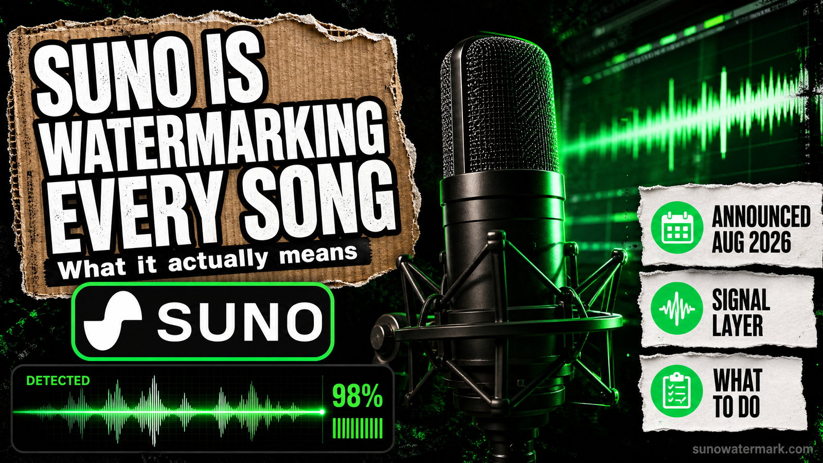 Suno watermarking and fingerprinting announced August 2026, showing an inaudible signal embedded in a generated waveform