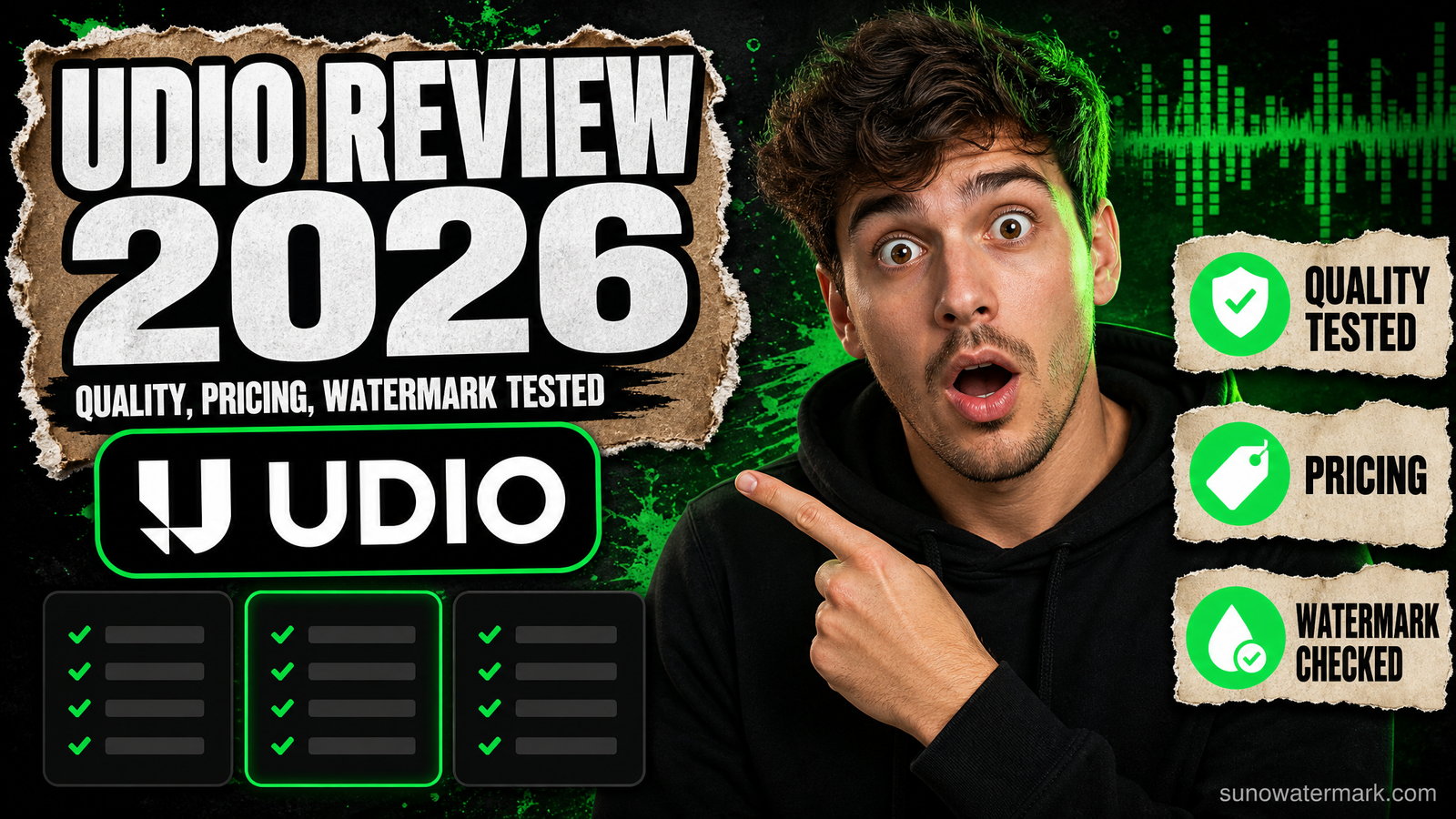 Udio AI review 2026 hero image showing the Udio web generator interface with a waveform, tier pricing chart and distributor pass-rate scoreboard